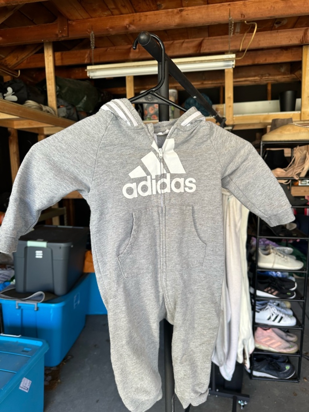 adidas Gray Hooded Zip-Up Baby One-Piece with Logo